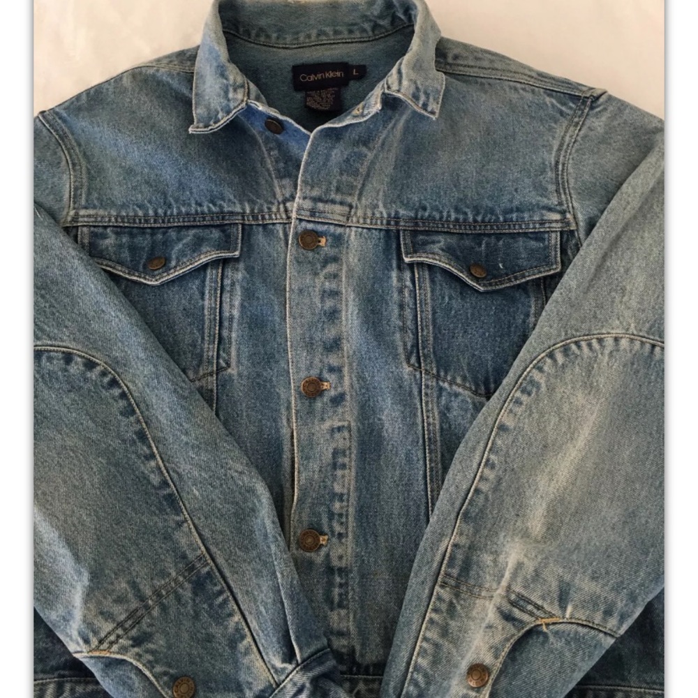 Vintage Calvin Klein Mens Trucker Blue Denim Jacket Distressed L.